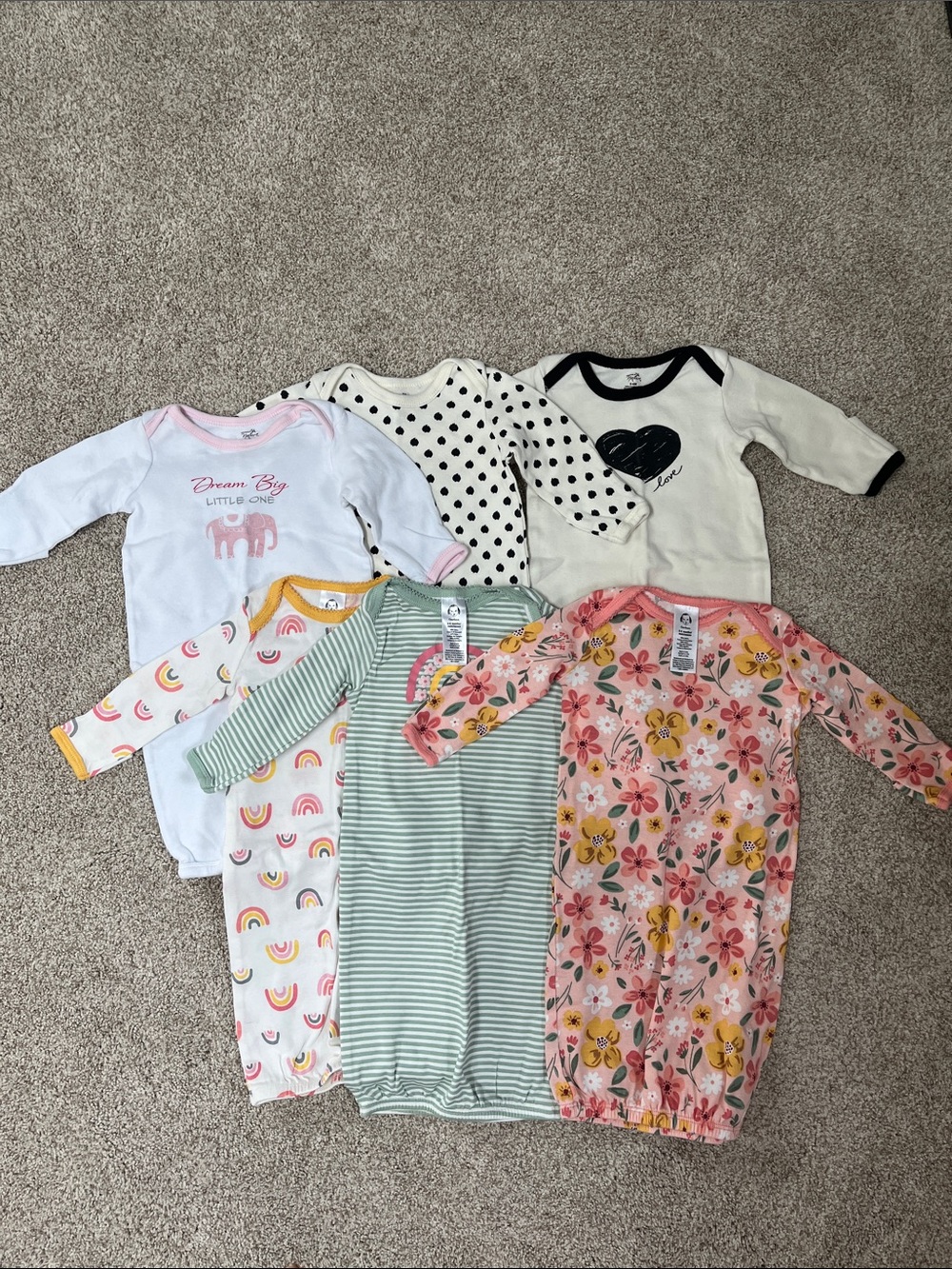 6 Baby Girl Long Sleeve Open Bottom One Piece Pajamas, 0-6 months
